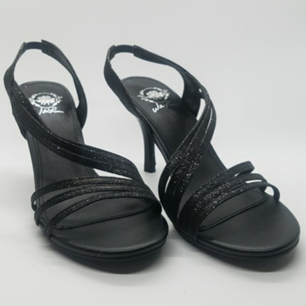 Strappy Mid Heel Sandal (black metallic) NWT and box